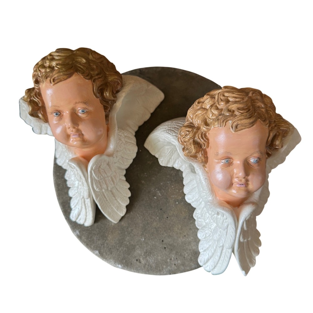 Vintage Cherub Angel Curtain Rod Holders Wall Hanger Plaster Bust Set of 2